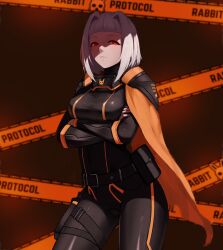 arc2urus armor black_armor black_bodysuit bodysuit breasts cloak company_logo hair_intakes highres lobotomy_corporation myo_(project_moon) orange_eyes orange_trim project_moon rabbit_team red_eyes thighs white_hair