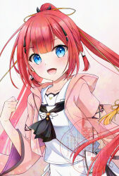 1girl :d adversarial_noise ascot black_ascot blue_eyes blunt_bangs blunt_ends blush braid center-flap_bangs cherry_blossom_print chibinon clenched_hand commentary_request fang floating_hair floral_print floral_print_kimono hair_ornament hairclip hand_up happy highres hood hood_down hooded_kimono japanese_clothes kamiyama_shiki kimono long_hair looking_at_viewer open_clothes open_kimono open_mouth pink_kimono ponytail print_kimono red_hair sailor_collar school_uniform serafuku shirt simple_background skirt smile solo summer_pockets tassel tassel_hair_ornament twin_braids very_long_hair watermark white_background white_sailor_collar white_serafuku white_shirt white_skirt