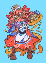1girl ;d absurdres ahoge bangle belt black_belt blue_background blue_coat blush_stickers boots bow bracelet brown_boots chromatic_aberration coat commentary diamond_earrings dress drill_hair earrings folding_fan full_body grey_hat hair_bow hand_fan hand_on_own_hip hat hat_bow heart heart_in_mouth highres holding holding_fan inuyama_konan jewelry long_sleeves medium_hair multiple_rings one_eye_closed open_mouth orange_eyes orange_hair red_bow ring round_eyewear simple_background smile solo sunglasses top_hat touhou turtleneck turtleneck_dress twin_drills two-sided_coat two-sided_fabric white_bow white_dress wide_sleeves yellow-framed_eyewear yorigami_jo&#039;on