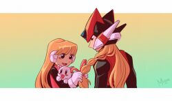 Rule 34 | 1boy, 1girl, alouette (mega man), armor, black eyes, blonde hair, blue eyes, blush stickers, braid, forehead jewel, gradient background, helmet, highres, long hair, mega man (series), mega man zero (series), milaisadoodles, red armor, red helmet, robot ears, simple background, stuffed animal, stuffed cat, stuffed toy, upper body, zero(z) (mega man), zero (mega man)