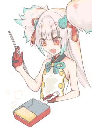 1girl aqua_hair bare_shoulders blush buttons chopsticks commentary_request double-breasted fang food frying_pan gloves hair_flaps hair_ornament half_gloves hand_up highres holding holding_chopsticks holding_frying_pan long_hair looking_down magatama_hair_ornament multicolored_hair omelet open_mouth qpporori red_eyes shirt sleeveless smile solo steam tamagoyaki tassel tassel_hair_ornament tenka_hyakken thick_eyebrows tsuda_echizen-no-kami_sukehiro twintails two-tone_hair white_background white_hair white_shirt