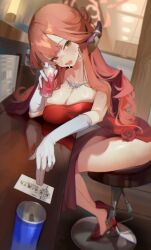 1girl absurdres aru_(blue_archive) aru_(dress)_(blue_archive) bar_(place) bar_stool blue_archive blunt_bangs breasts business_card can cleavage coat coat_on_shoulders commentary counter demon_horns dress drink_can drooling drunk earrings elbow_gloves elbow_on_table gloves halo heel_pop high_heels highres holding holding_can horns id_card jewelry large_breasts legs_together long_hair looking_at_viewer necklace official_alternate_costume on_stool open_mouth red_coat red_dress red_hair red_halo red_shoes reflection reflective_surface shoes shuishi_tidu side_slit sitting solo stool strapless strapless_dress sweat symbol-only_commentary white_gloves yellow_eyes