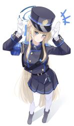 Rule 34 | 1girl, absurdres, akanora, alternate costume, armband, belt, black belt, black boots, black hat, black skirt, blonde hair, blue archive, blue armband, blue eyes, blue hair, boots, braid, closed mouth, commentary, cosplay, earrings, full body, gloves, halo, hands up, hat, highres, hikari (blue archive), hikari (blue archive) (cosplay), jewelry, long hair, long sleeves, looking at viewer, multicolored hair, pantyhose, sidelocks, simple background, skirt, solo, standing, streaked hair, stud earrings, symbol-only commentary, toki (blue archive), white background, white gloves, white pantyhose
