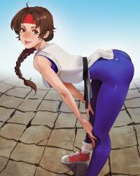 1girl absurdres ass bent_over braid braided_ponytail breasts brown_eyes brown_hair clothes_lift dougi female_focus headband highres karate_gi leggings leoquezadilla long_hair looking_at_viewer martial_arts_belt matching_hair/eyes medium_breasts pale_skin pants red_headband ryuuko_no_ken shoes skirt skirt_lift smile sneakers snk socks solo spandex the_king_of_fighters thighs tight_clothes tight_pants yoga_pants yuri_sakazaki