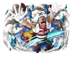 2boys bicorne black_hair boots buggy_the_clown clown_nose gloves hat ice monkey_d._luffy multiple_boys official_art one_piece one_piece_treasure_cruise open_mouth pants purple_pants red_shorts shirt shorts straw_hat striped_clothes striped_shirt teeth white_gloves yellow_shirt