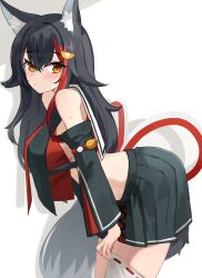 1girl adjusting_clothes adjusting_legwear animal_ear_fluff animal_ears bent_over black_hair black_serafuku black_shirt black_skirt blush commentary cropped_shirt cross-laced_slit crossed_bangs detached_sleeves double-parted_bangs flipped_hair from_side hair_between_eyes hair_ornament hairclip highres hololive kouhaku_nawa long_hair looking_at_viewer miniskirt multicolored_hair necktie ookami_mio ookami_mio_(1st_costume) pleated_skirt red_hair red_necktie rope sailor_collar school_uniform serafuku shimenawa shirt side_slit sidelocks simple_background single_thighhigh skirt sleeveless sleeveless_shirt solo streaked_hair tabi tail thighhighs very_long_hair virtual_youtuber white_background white_hair white_sailor_collar white_thighhighs wolf_ears wolf_girl wolf_tail woogi_(duguddnr) yellow_eyes