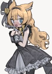 1girl @_@ animal_ear_fluff animal_ears black_dress black_hairband black_hat black_pantyhose blue_archive blush commentary dress flower grey_dress hair_between_eyes hairband hat hat_feather hat_flower long_hair looking_at_viewer mari_(blue_archive) mari_(idol)_(blue_archive) mini_hat mini_top_hat monaka_ooji nose_blush open_mouth orange_hair pantyhose simple_background solo top_hat