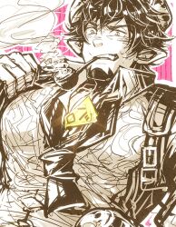 Rule 34 | 1boy, bara, barawa, commentary request, cow boy, cow horns, facial hair, goatee, granblue fantasy, horns, iha tobu, looking at viewer, male focus, muscular, muscular male, pectorals, pointy ears, smoke, smoking, smoking pipe, sweatdrop