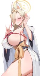 1girl absurdres alternate_breast_size animal_ears armpit_crease armpits blonde_hair blue_archive blush breasts chochomi detached_sleeves eyeshadow fox_ears fox_shadow_puppet hair_over_one_eye hairband hakama halo highres japanese_clothes kaho_(blue_archive) kimono large_breasts long_hair looking_at_viewer makeup miko mole mole_under_mouth orange_hairband orange_halo pink_eyeshadow sideboob simple_background sleeveless sleeveless_kimono solo thick_eyebrows thighs white_background white_hakama white_kimono yellow_eyes yellow_hairband yellow_halo