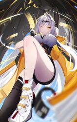 1girl absurdres ahoge arm_up asymmetrical_gloves bird black_gloves black_shorts black_thighhighs blurry blurry_foreground breasts chromatic_aberration closed_mouth commentary dated elbow_gloves english_commentary fingerless_gloves gloves grey_hair hair_ornament hand_up high-waist_shorts highres jacket kuji-in large_breasts long_hair one_eye_closed shirt shirt_tucked_in shoes shorts single_elbow_glove single_hair_intake single_thighhigh solo thighhighs thighs uneven_gloves very_long_hair voi_271 white_shirt white_shoes yellow_eyes yellow_jacket yixuan_(zenless_zone_zero) zenless_zone_zero