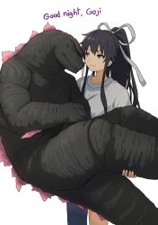 1girl :d absurdres asymmetrical_clothes black_hair clothing_cutout commentary commission crossover english_commentary english_text godzilla godzilla_(monsterverse) godzilla_(series) godzilla_evolved godzilla_x_kong:_the_new_empire hair_ribbon highres kaiju kanzaki_kaori king_kong_(series) long_hair monster monsterverse open_mouth ponytail purple_eyes reverse_princess_carry ribbon sharp_teeth shirt single_pantsleg smile tatararashi teeth toaru_majutsu_no_index toho white_background white_shirt