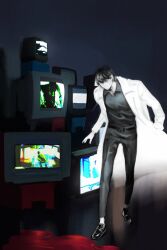 1boy belt black_hair black_shirt blood coat collared_shirt crt faceless full_body highres kim_dokja macaronijail male_focus multiple_views omniscient_reader&#039;s_viewpoint pool_of_blood shirt short_hair silhouette television tiptoes walking white_coat