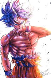 1boy abs cowboy_shot dragon_ball dragon_ball_super green_eyes male_focus medium_hair n_k0918 simple_background solo son_goku spiked_hair ultra_instinct white_background white_hair