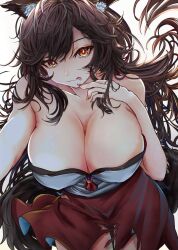 1girl :p animal_ear_fluff animal_ears breasts brown_hair cleavage closed_mouth commentary_request cowboy_shot grey_shirt houdukixx imaizumi_kagerou large_breasts leaning_forward long_hair looking_at_viewer messy_hair red_brooch red_eyes red_skirt shirt simple_background skirt smile solo tail tongue tongue_out torn_clothes torn_skirt touhou wavy_mouth white_background wolf_ears wolf_girl wolf_tail