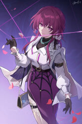 1girl absurdres bag bead_necklace beads black_gloves black_shirt breasts closed_mouth commentary_request cowboy_shot earrings falling_petals flower gloves gradient_background hair_flower hair_ornament hand_up handbag high-low_skirt highres honkai:_star_rail honkai_(series) jacket jewelry kafka_(good_me)_(honkai:_star_rail) kafka_(honkai:_star_rail) long_hair long_sleeves looking_at_viewer medium_breasts necklace nekochan233 no_pupils official_alternate_costume pearl_earrings petals purple_eyes purple_hair purple_skirt revision ribbed_shirt shirt signature skirt smile solo spider_web_print white_jacket