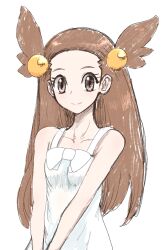 1girl bare_arms brown_eyes brown_hair collarbone commentary_request dress eyelashes hair_bobbles hair_ornament haloh happy highres jasmine_(pokemon) long_hair looking_at_viewer nintendo pokemon pokemon_gsc simple_background sleeveless sleeveless_dress solo two_side_up upper_body white_background white_dress