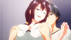 1boy 1girl 2022 20s animated animated_gif black_hair breasts brown_hair clothes_pull collarbone garden_~takamine-ke_no_nirinka~ hair_between_eyes hetero indoors large_breasts nipples one_eye_closed open_mouth shirt_pull sidelocks sweat tagme takamine_sayuri tank_top tomoya_(garden_~takamine-ke_no_nirinka~)