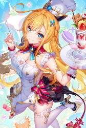 1girl apron aqua_eyes bare_shoulders black_bow black_bowtie blonde_hair blue_background blush bow bowtie braid breasts chef_hat cherry cowlick donut escoffier_(genshin_impact) food fruit genshin_impact hair_ornament hat high_heels highres holding holding_spoon ice_cream ice_cream_cone large_breasts lightria long_hair looking_at_viewer macaron parfait red_bow smile solo spoon strawberry thighhighs thighs v-shaped_eyebrows very_long_hair white_apron white_hat white_thighhighs wrist_cuffs