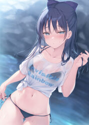 Rule 34 | 1girl, aotsu karin, bikini, bikini under clothes, black bikini, black hair, blue eyes, blush, bow, breasts, cleavage, collarbone, commentary request, expressionless, gluteal fold, hair bow, highres, large breasts, long hair, looking at viewer, miyao nemu, navel, outdoors, rock, shirt, short sleeves, side-tie bikini bottom, sidelocks, solo, swimsuit, tied shirt, wet, white shirt, witch watch