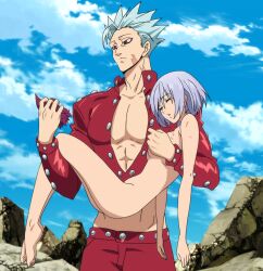 1boy 1girl anime_screenshot ass ban_(nanatsu_no_taizai) barefoot blue_hair breasts carrying closed_eyes cloud grabbing_another&#039;s_breast grey_hair groping hetero highres jacket jericho_(nanatsu_no_taizai) muscular nanatsu_no_taizai nude open_clothes open_jacket open_mouth red_eyes scar short_hair sky stitched thighs third-party_edit unconscious