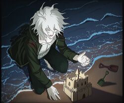 1boy absurdres beach closed_eyes coat commentary_request danganronpa_(series) danganronpa_2:_goodbye_despair green_coat highres komaeda_nagito male_focus night ocean on_one_knee open_clothes open_coat outdoors sand sand_castle sand_sculpture short_hair shovel solo uri_ka55 water white_hair