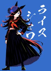 Rule 34 | 1girl, absurdres, animal ears, black hair, black serafuku, blue background, blue eyes, blue flower, blue rose, character name, commentary, flower, full body, hand on own hip, hat, hat flower, highres, horse ears, horse girl, horse tail, loafers, long hair, long skirt, midriff peek, navel, neckerchief, pleated skirt, red neckerchief, rice shower (umamusume), rose, school uniform, serafuku, shoes, skirt, smiling lime, solo, standing, tail, tilted headwear, translated, umamusume