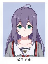 1girl ahoge character_name closed_mouth collar collarbone collared_shirt dot_nose double-parted_bangs green_eyes grey_shirt hair_between_eyes id_photo idolmaster idolmaster_million_live! idolmaster_million_live!_theater_days junior_high_schoolmate_(idolmaster) light_smile long_hair looking_at_viewer mochizuki_anna official_alternate_costume ohgi910 portrait purple_hair school_uniform shirt sidelocks simple_background solo straight-on straight_hair upper_body white_collar