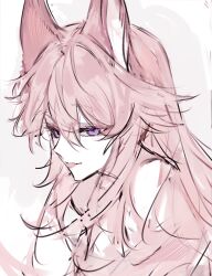1girl :p absurdres animal_ears chinese_commentary commentary_request double-parted_bangs ears_up fox_ears fox_girl genshin_impact grey_background hair_between_eyes highres long_hair looking_ahead messy_hair pink_hair portrait purple_eyes simple_background sketch solo three_quarter_view tongue tongue_out tsurime yae_miko yingxizu99