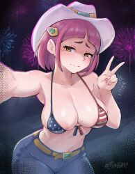 Rule 34 | 1girl, absurdres, aerial fireworks, arched bangs, areola slip, artist name, artsheops, belt, bikini, blue bikini, blue pants, blush, breasts, brown belt, cleavage, closed mouth, collarbone, commentary, denim, english commentary, fireworks, front-tie bikini top, front-tie top, hair ornament, hairclip, hat, highres, lacey (pokemon), large breasts, medium hair, mole, mole on breast, navel, night, nintendo, pants, pink hair, pokemon, pokemon sv, red bikini, sleeves past wrists, solo, striped bikini, striped clothes, sweat, swimsuit, v, wavy mouth, white hat