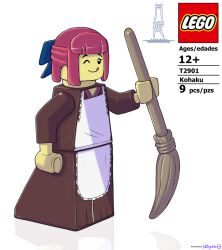 Rule 34 | 1girl, apron, arm up, blue bow, bow, broom, brown dress, d0gduk, dress, hair bow, hair ribbon, holding, holding broom, kohaku (tsukihime), lego, lego minifig, maid, maid apron, one eye closed, pink hair, reflective floor, ribbon, short hair, tongue, tongue out, tsukihime, watermark