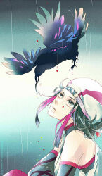 beret bird blood blood_on_face brown_eyes brown_hair crow detached_sleeves hat kunoichi_(sengoku_musou) lips looking_up ninja rain sengoku_musou yoshinori_(pixiv358764)