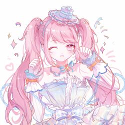 1girl argyle_bow bad_link bare_shoulders blue_bow blue_choker blue_dress blue_hairband blue_hat blue_ribbon blue_wrist_cuffs bow bowtie chazui_ranyi chinese_commentary choker clenched_hands commentary_request confetti cowboy_shot dance_till_dawn_(infinity_nikki) detached_sleeves dot_nose dress eyelashes eyeshadow facial_tattoo fang frilled_dress frilled_headwear frills hairband hat hat_bow heart infinity_nikki infinity_symbol infinity_tattoo light_blush lolita_fashion long_hair looking_at_viewer makeup mini_hat mini_top_hat musical_note musical_staff neck_ribbon nikki_(series) official_alternate_color one_eye_closed open_mouth orange_bow paw_pose pink_bow pink_eyeshadow pink_hair ribbon sidelocks simple_background skin_fang smile solo sparkle sparkle_hair_ornament star_(symbol) star_choker strapless strapless_dress striped_bow swept_bangs tattoo top_hat two-tone_bow two-tone_bowtie two-tone_wrist_cuffs vertical-striped_sleeves very_long_hair waist_bow wavy_hair white_background white_bow white_sleeves white_wrist_cuffs wrist_bow wrist_cuffs
