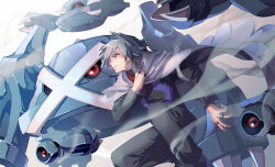 1boy beldum cloak closed_mouth collared_shirt commentary_request evolutionary_line gen_3_pokemon glint grey_hair hand_up highres jacket jewelry kado_51 long_sleeves male_focus metagross metang necktie nintendo pants pokemon pokemon_adventures red_necktie ring shirt short_hair squatting steven_stone