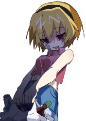 1girl bag bandages bandaid bandaid_on_cheek bandaid_on_face belt black_hairband blonde_hair blue_shorts blue_skirt bottle breasts collared_shirt cowboy_shot denim denim_shorts denim_skirt empty_eyes fang groceries grocery_bag hairband highres higurashi_no_naku_koro_ni holding holding_bag houjou_satoko looking_at_viewer looking_down meda_cha open_mouth pink_shirt plastic_bag purple_eyes shaded_face shirt shopping_bag short_hair shorts simple_background skin_fang skirt sleeveless sleeveless_shirt small_breasts smile solo white_background white_belt
