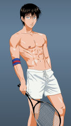 Rule 34 | 1boy, abs, black hair, green eyes, highres, kaido kaoru, legs, male focus, muscular, muscular male, nipples, prince of tennis, racket, sexyanimes, playing sports, sportswear, tennis, tennis racket
