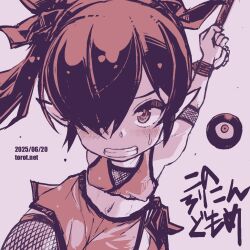 1girl arms_behind_back backbeako_(torotei) backbeard bare_shoulders blush bound bound_wrists breasts clenched_teeth commentary_request covered_erect_nipples dated dated_commentary fishnet_arm_warmers fishnet_thighhighs fishnet_top fishnets gegege_no_kitarou hair_over_one_eye hair_ribbon kono_lolicon_domome long_hair looking_at_viewer monochrome navel ninja one_eye_closed original paid_reward_available pink_background pink_theme pointy_ears ribbon side_ponytail simple_background sleeveless small_breasts solo sweatdrop teeth thighhighs torotei translated watermark web_address