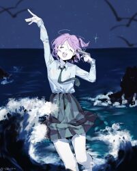 1girl :d arm_up bird black_skirt chinese_commentary closed_eyes collared_shirt commentary_request gun gun_to_head hand_up highres holding holding_gun holding_weapon imminent_suicide long_sleeves necktie night night_sky ocean one_side_up open_mouth original outdoors pleated_skirt purple_hair shirt short_hair skirt sky smile solo standing star_(sky) starry_sky tearing_up wading waves weapon white_shirt zhalie_hou_hou_jiang