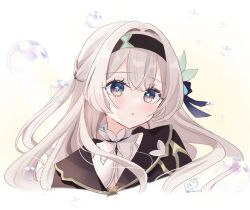 1girl :o black_hairband black_jacket blush brown_background brown_eyes bubble commentary_request cropped_torso firefly_(honkai:_star_rail) gradient_background grey_hair hair_intakes hairband honkai:_star_rail honkai_(series) jacket looking_at_viewer parted_lips rino_cnc solo twitter_username upper_body white_background