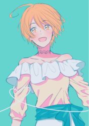 1girl ahoge aqua_background bare_shoulders blonde_hair blue_bow bow collarbone cowboy_shot eyelashes frilled_shirt frills hair_between_eyes happy heart heart_of_string hugtto!_precure kagayaki_homare light_blush long_sleeves looking_at_viewer nachuchoco neck_tattoo off-shoulder_shirt off_shoulder open_mouth precure puffy_long_sleeves puffy_sleeves shirt short_hair simple_background skirt smile solo standing tattoo three-quarter_sleeves waist_bow white_skirt yellow_eyes yellow_shirt