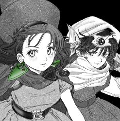 1boy 1girl absurdres alena_(dq4) blush cloak dragon_quest dragon_quest_iv dress earrings hat hero_(dq4) highres hood hooded_cloak jewelry long_hair looking_at_viewer monochrome okita_(sukult_4) parted_lips smile spot_color upper_body