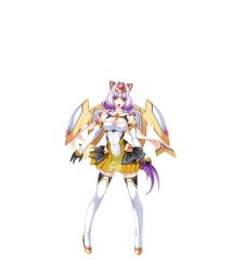 1girl animal_ears armor azarin_(kouyoku_senki_exs-tia) bare_shoulders black_gloves boots breasts cleavage clothing_cutout covered_navel detached_sleeves elbow_gloves exs-tia_magica full_body game_cg gem gloves hair_intakes hair_ornament high_heels highres inoino kouyoku_senki_exs-tia large_breasts large_variant_set legs_apart long_hair looking_at_viewer multicolored_hair non-web_source official_art open_mouth pleated_skirt purple_hair skirt solo standing tachi-e thigh_boots thighhighs transparent_background variant_set very_long_hair white_thighhighs yellow_eyes yellow_skirt zettai_ryouiki