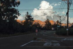 blue_sky car cloud cloudy_sky forest fruiitlins highres house motor_vehicle mountainous_horizon nature no_humans original outdoors power_lines road road_sign scenery sign sky stop_sign street tree utility_pole