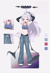 1girl absurdres ahoge alternate_costume alternate_hairstyle armpits arms_behind_head baggy_pants belt black_belt blue_archive breasts chain character_name cleavage commentary_request demon_girl demon_horns demon_wings denim detached_sleeves forehead full_body halo highres hina_(blue_archive) horns lock long_hair looking_at_viewer mienpp mouth_hold navel pants parted_bangs ponytail purple_eyes red_ribbon ribbon shoes sidelocks simple_background small_breasts sneakers solo standing stomach tachi-e wavy_hair white_hair white_shoes wings