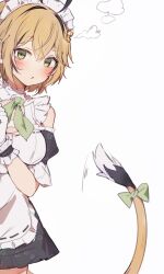 1girl ahoge apron blonde_hair blush dooby_(vtuber) double-parted_bangs frilled_apron frilled_hairband frilled_wrist_cuffs frills gloves green_eyes hair_between_eyes hairband highres indie_virtual_youtuber jerboa_tail maid maid_day maid_headdress orobou peeking_out ribbon short_hair sidelocks simple_background solo star_(symbol) star_print tail tail_ornament tail_ribbon thick_eyebrows virtual_youtuber white_apron white_background white_gloves wrist_cuffs