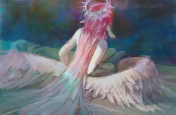 1girl angel angel_wings animal_ears asymmetrical_legwear back bird_ears commission feathered_wings from_behind gradient_hair halo highres jibril_(no_game_no_life) long_hair low_wings mismatched_legwear multicolored_hair no_game_no_life pink_hair pluvium_grandis sitting solo spiked_halo tattoo very_long_hair white_wings wing_ears wings