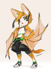 1boy 2018 absurdres animal_ears bat_(animal) bat_ears bat_tail bat_wings bike_shorts black_nails black_shorts blonde_hair choker crop_top crossover deltoids downturned_eyes dust:_an_elysian_tail ear_ornament fidget_(dust:_an_elysian_tail) freedom_planet_2 from_below furry furry_male genderswap genderswap_(ftm) green_eyes hair_tuft hand_on_own_hip highres krita_(medium) light_smile looking_at_viewer looking_down navel open_mouth parted_lips pectorals raised_inner_eyebrows sandals shorts signature simple_background standing three_quarter_view toned tsurime tyson_tan vest waist_bag white_vest wings yellow_fur