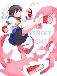 Rule 34 | 1girl, absurdres, black eyes, black hair, black shorts, blue sailor collar, blue skirt, bright pupils, clenched hands, copyright name, cosplay, fighting stance, fingerless gloves, full body, gloves, headband, highres, ishikawa kazuki (kaju 4), kaju 4, kasugano sakura, kasugano sakura (cosplay), kicking, midriff peek, miniskirt, neckerchief, original, pleated skirt, red gloves, red shoes, sailor collar, sailor shirt, sanpaku, school uniform, shirt, shoes, short hair, shorts, simple background, skirt, sneakers, solo, street fighter, tomboy, white background, white headband, white pupils, white shirt, yellow neckerchief