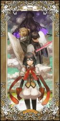 1girl 3boys bad_id bad_pixiv_id black_hair blonde_hair borrowed_character brown_hair cloud eyepatch fantasy from_behind gloves goggles goggles_around_neck half_updo holding holding_weapon kamal_(pixiv_fantasia) long_hair multiple_boys nishihara_isao pixiv_fantasia pixiv_fantasia_4 pointy_ears puffy_short_sleeves puffy_shorts puffy_sleeves red_eyes rose_(pixiv_fantasia_4) serious short_hair short_sleeves shorts walking weapon wings