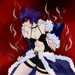 Rule 34 | 1girl, bio lab, black shorts, black tank top, blue cape, blue sleeves, breasts, cape, closed mouth, clothing cutout, commentary request, cowboy shot, detached sleeves, eye trail, fur-trimmed cape, fur-trimmed sleeves, fur trim, gertie wie, highres, large breasts, light trail, looking at viewer, navel, ragnarok online, red background, red eyes, shirokuro (erisnoa), short hair, short shorts, shorts, smile, solo, stalker (ragnarok online), stomach cutout, tank top, waist cape