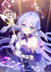 1girl absurdres aqua_hair bare_shoulders blue_eyes blush breasts cane cleavage closed_mouth collarbone dress earrings feathered_wings gloves hair_between_eyes head_wings highres holding holding_cane honkai:_star_rail honkai_(series) jewelry long_hair looking_at_viewer medium_breasts q-chiang robin_(honkai:_star_rail) sheet_music smile solo white_dress white_gloves wings